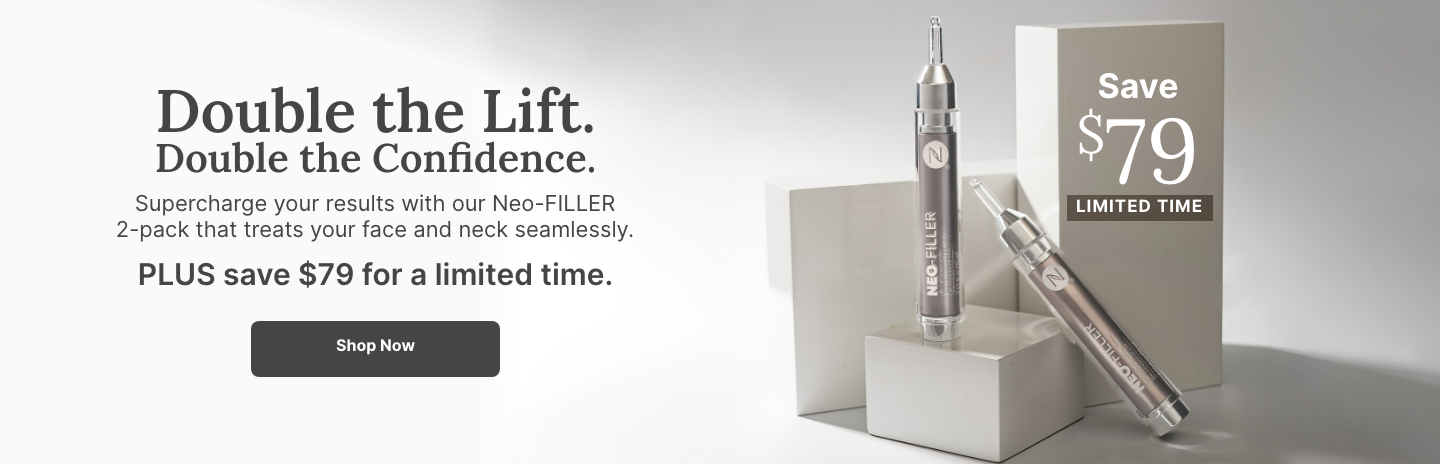 Two Neo-FILLER tubes displayed on white blocks with text reading, “Double the Lift. Double the Confidence.” It highlights a 2-pack with a limited-time $51 savings offer and a “Shop Now” button.